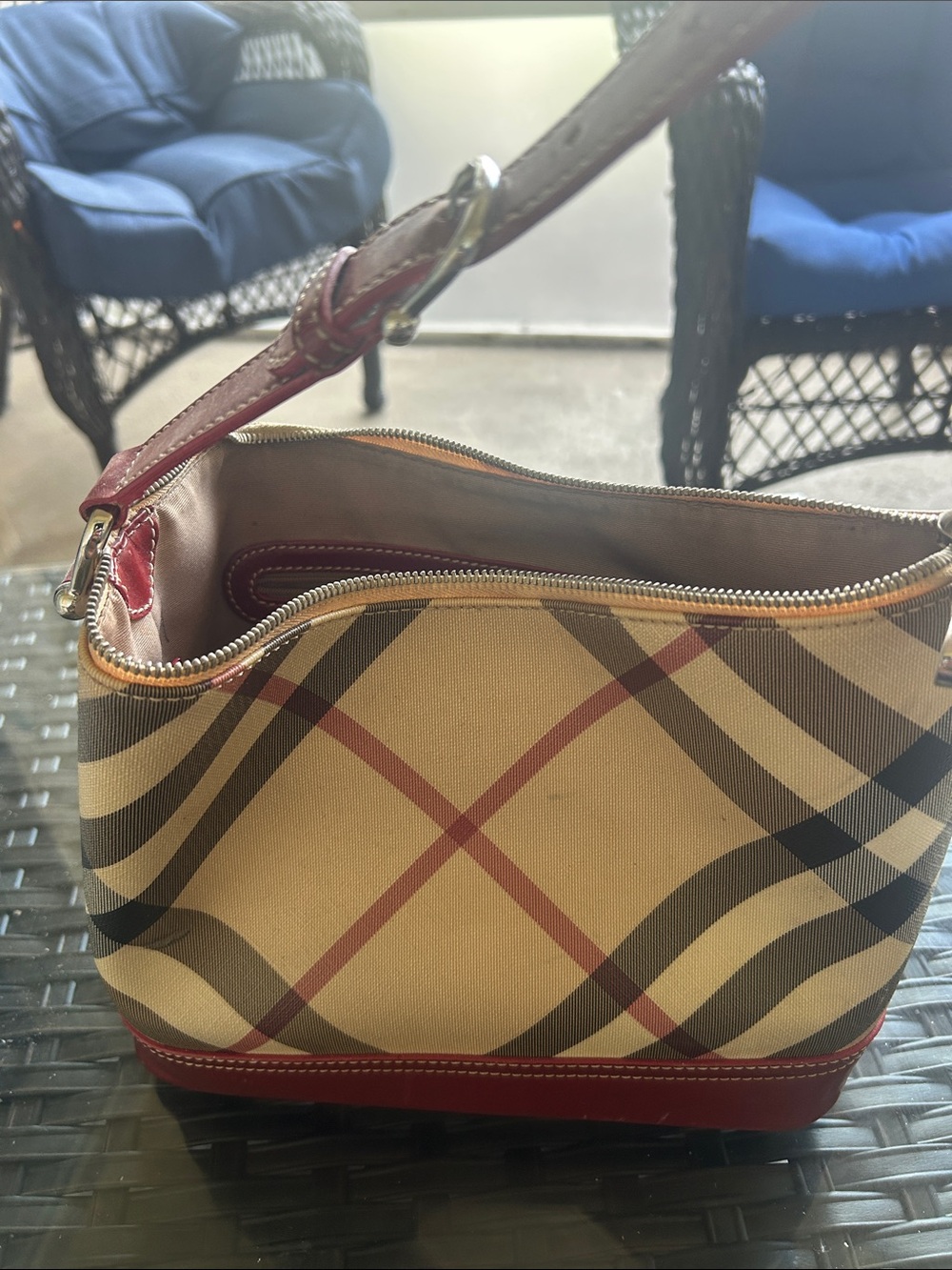 Burberry Beige Check Shoulder Bag with Red Trim